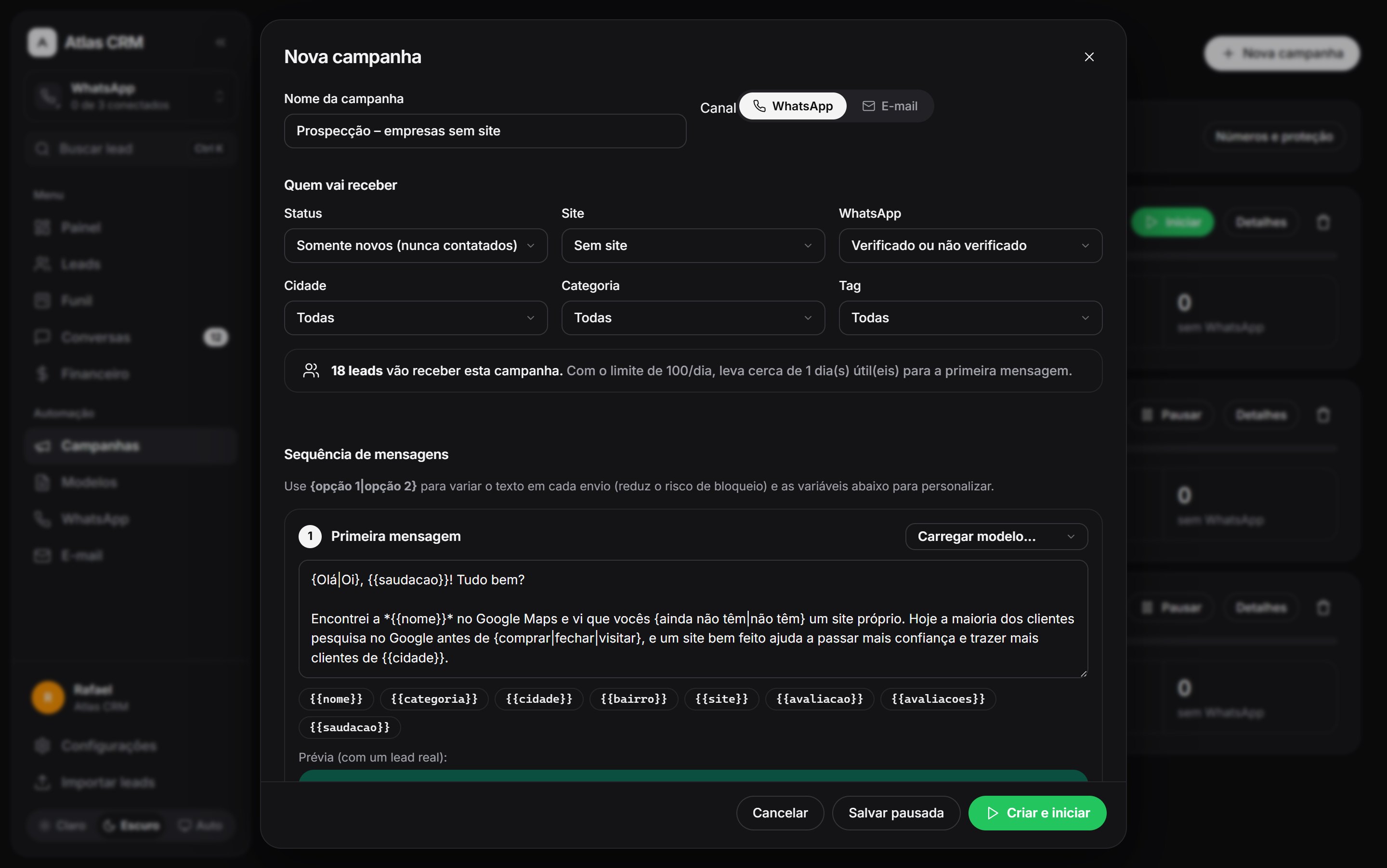 Criação de campanha no Atlas CRM: escolha do canal, filtros de público e sequência de mensagens com variáveis